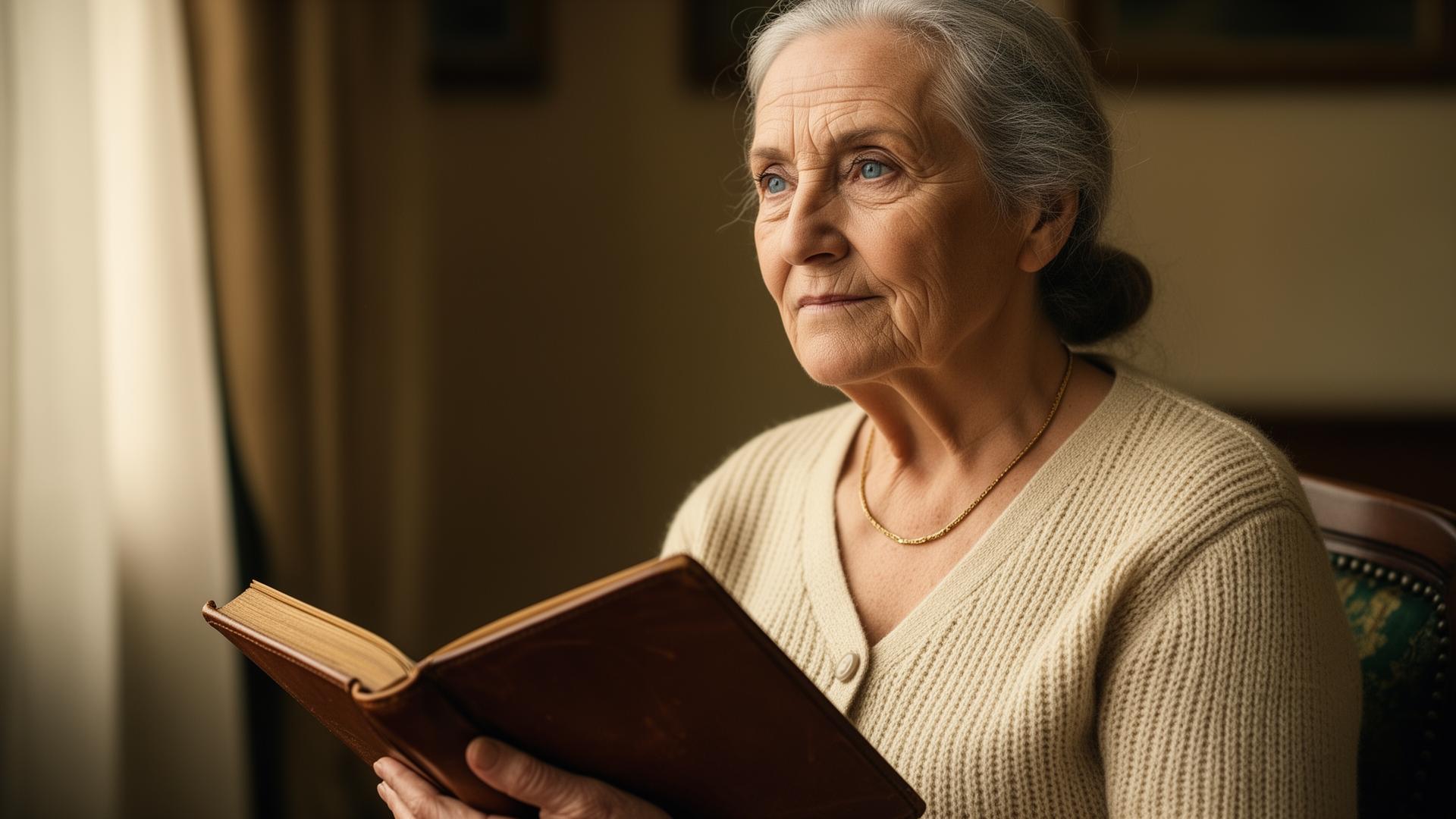 A grandmother holding an heirloom photo album