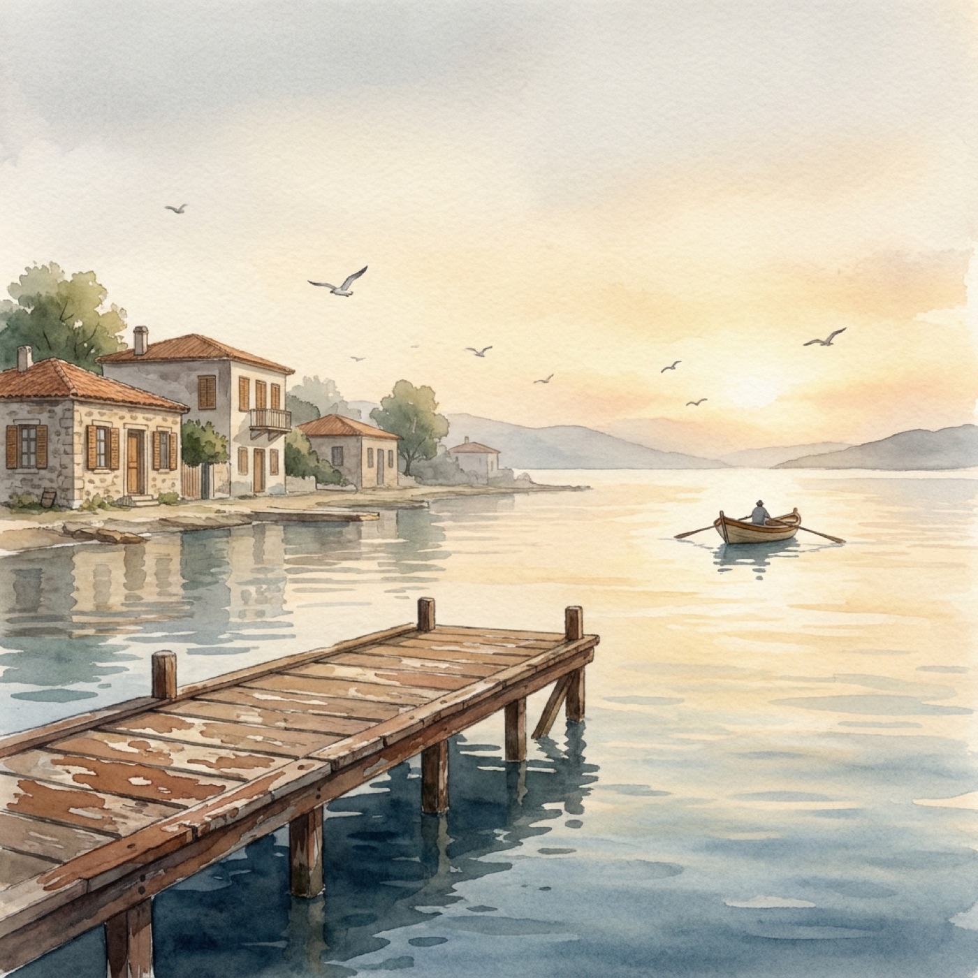 A watercolor of a wooden pier and a small boat on the gulf at sunrise